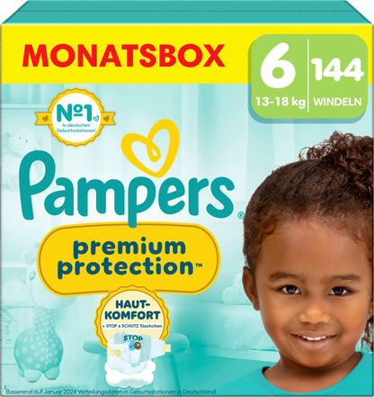 Pampers Premium Protection T6 XL 13+kg (144 pces) Pack mensuel