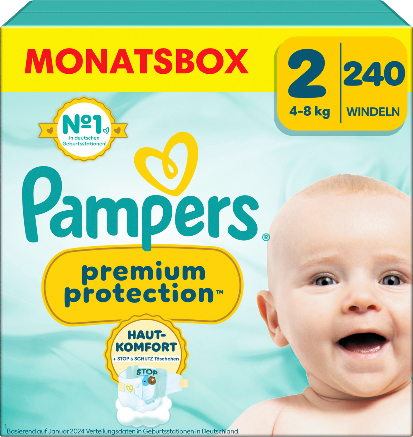 Pampers Premium Protection T2 Mini 4-8kg (240 pces) Pack mensuel 