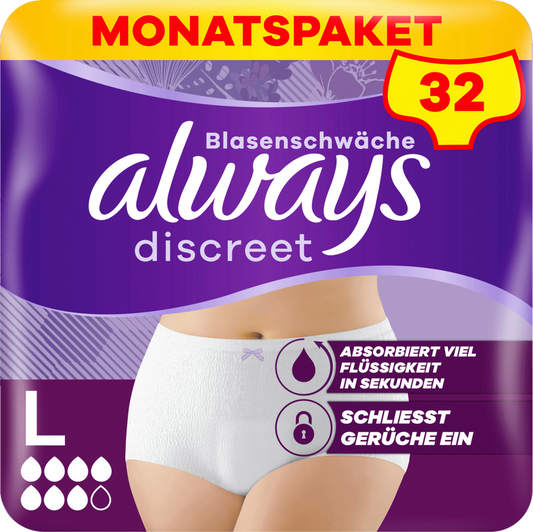 Always Discreet Plus Culottes d'incontinence TL (32 pcs) Paquet Mensuel
