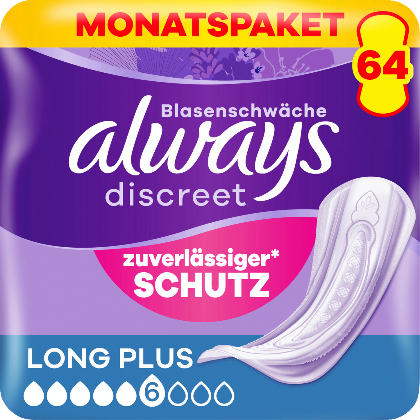 Always Discreet Inkontinenz-Einlagen Long Plus (64 STK) Monatspaket