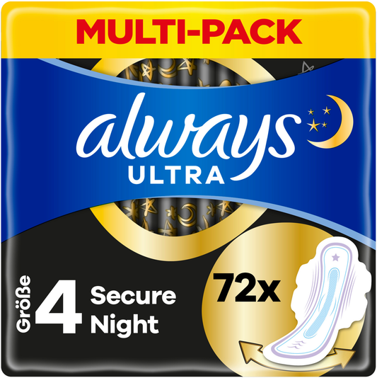 Always Ultra Serviette Hygiénique Secure Night à Ailettes Taille 4 (72 pces) Paquet Mensuel